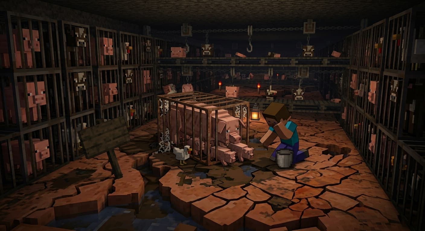 A rendered scene of an industrial animal shed: rows of caged pigs and cattle stacked to the ceiling, a crate of pigs and chickens in the foreground, and a small figure crouching beside it with a lantern and a bucket.